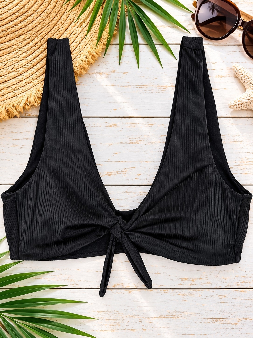 No Boundaries XL Black Ribbed Tie Front Plunge Bikini Swim Top